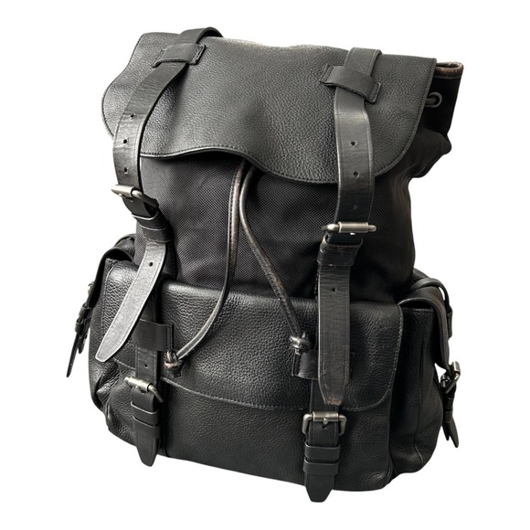 John Varvatos Backpack Mens Medium Black Leather Nylon Drawstring Utility Bag